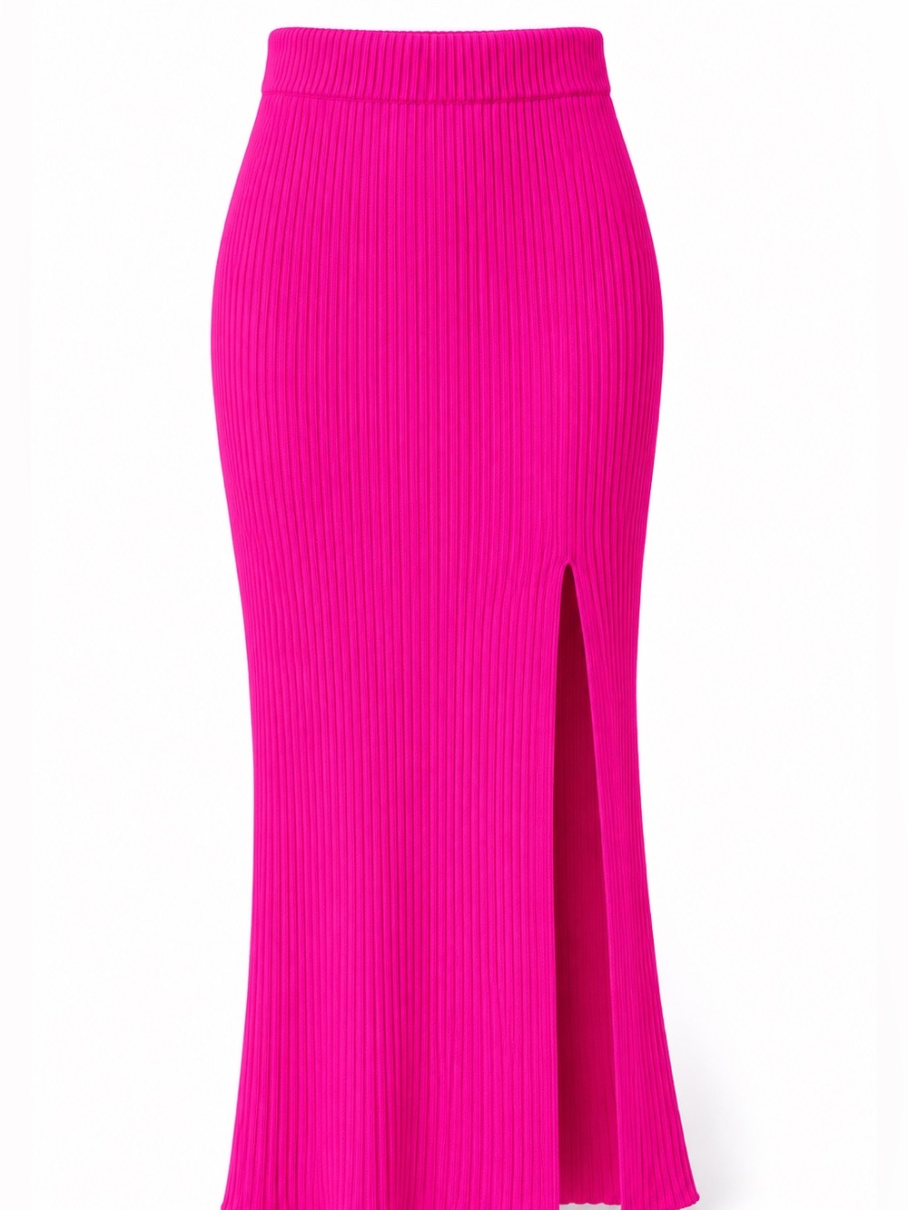 Hot Pink Ribbed Knit Midi Skirt Side Slit Vacation Barbiecore Bodycon